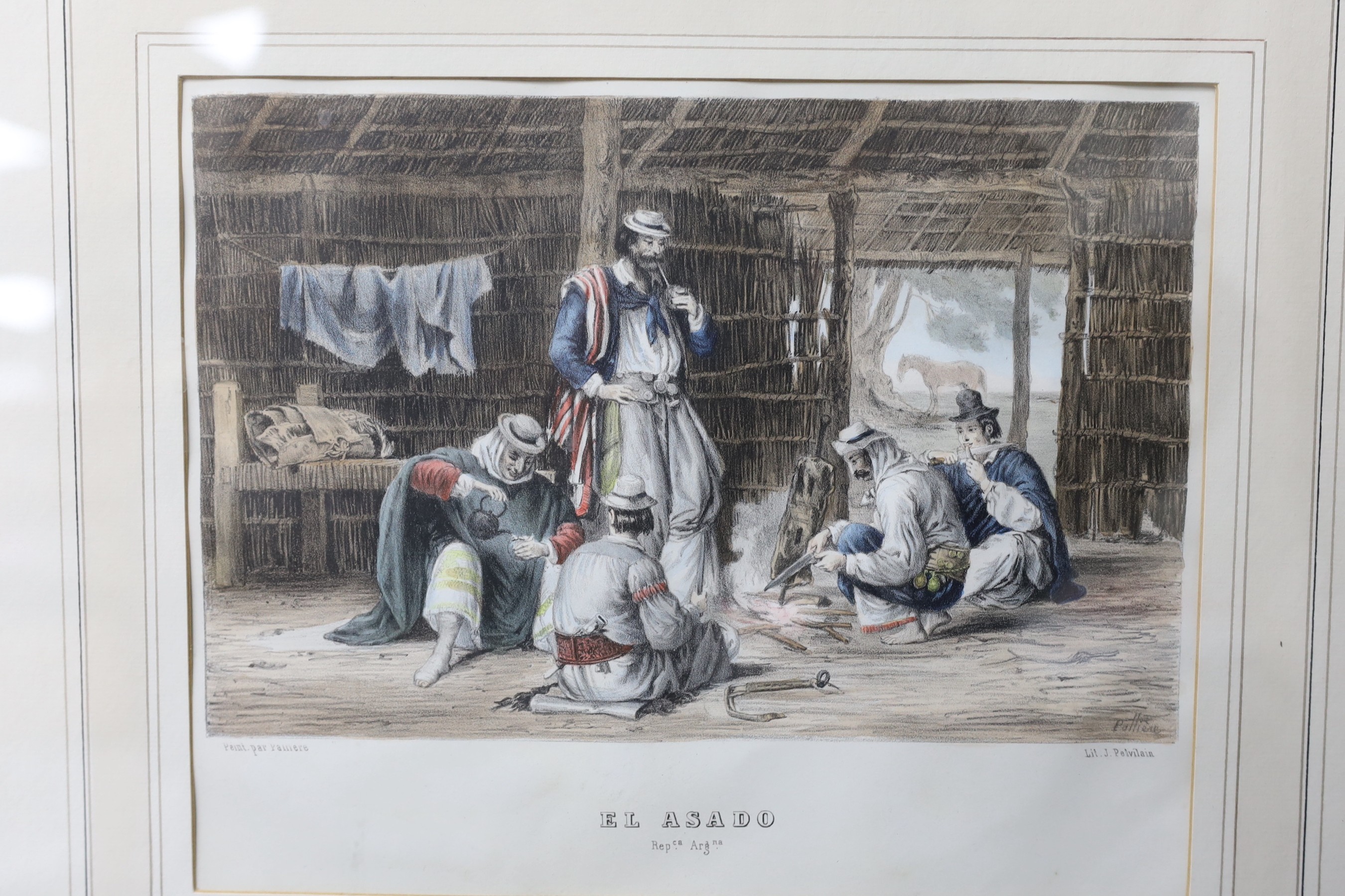 Pelvilain after Palliere, pair of coloured lithographs, 'El Asado' and 'El Corral' (Argentina) and two coloured engraved views of St Petersburg after Arnout, largest overall 29 x 34cm